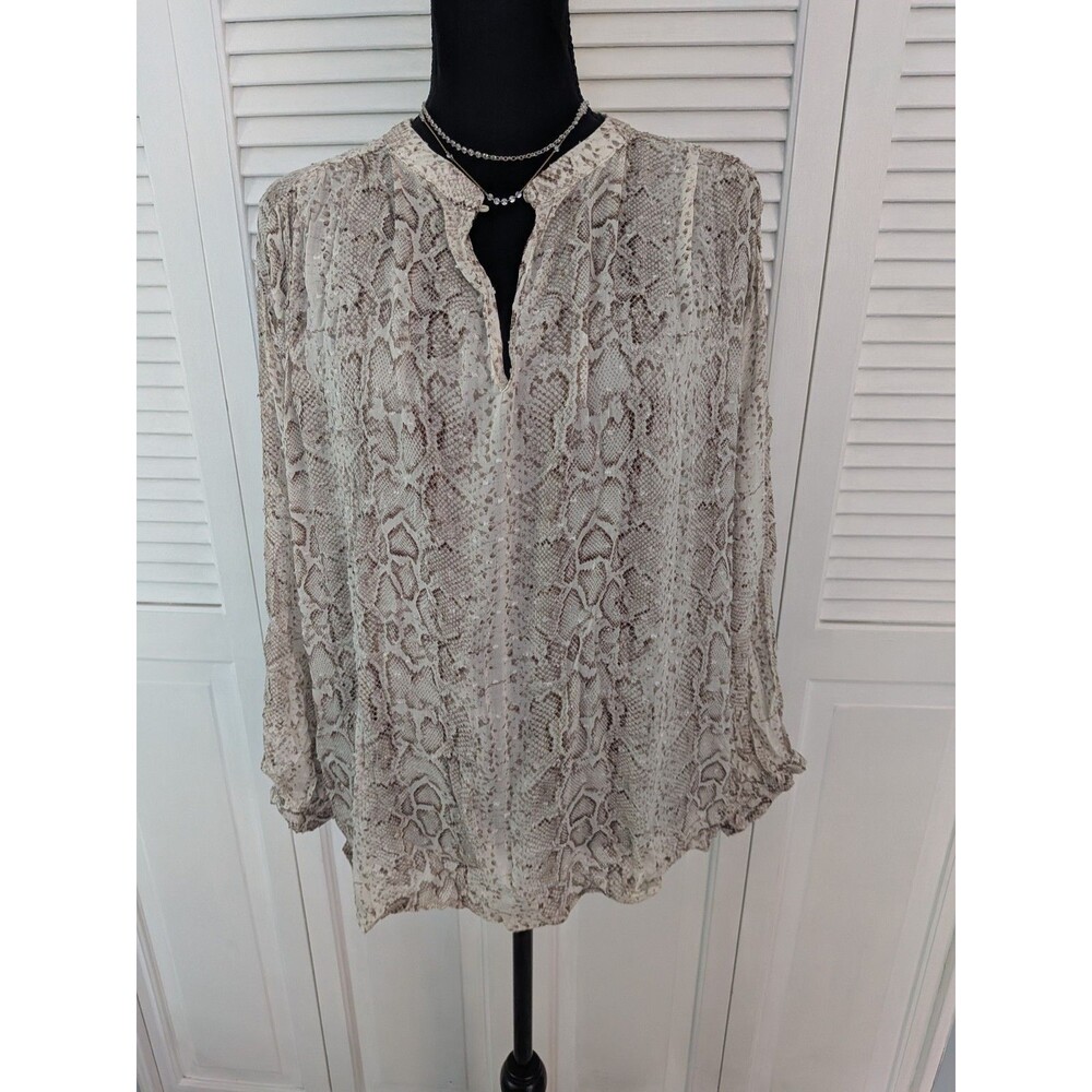 Grand & Green Top Women's L Tan Brown Python Snake Clip Dot Keyhole Neck Blouse